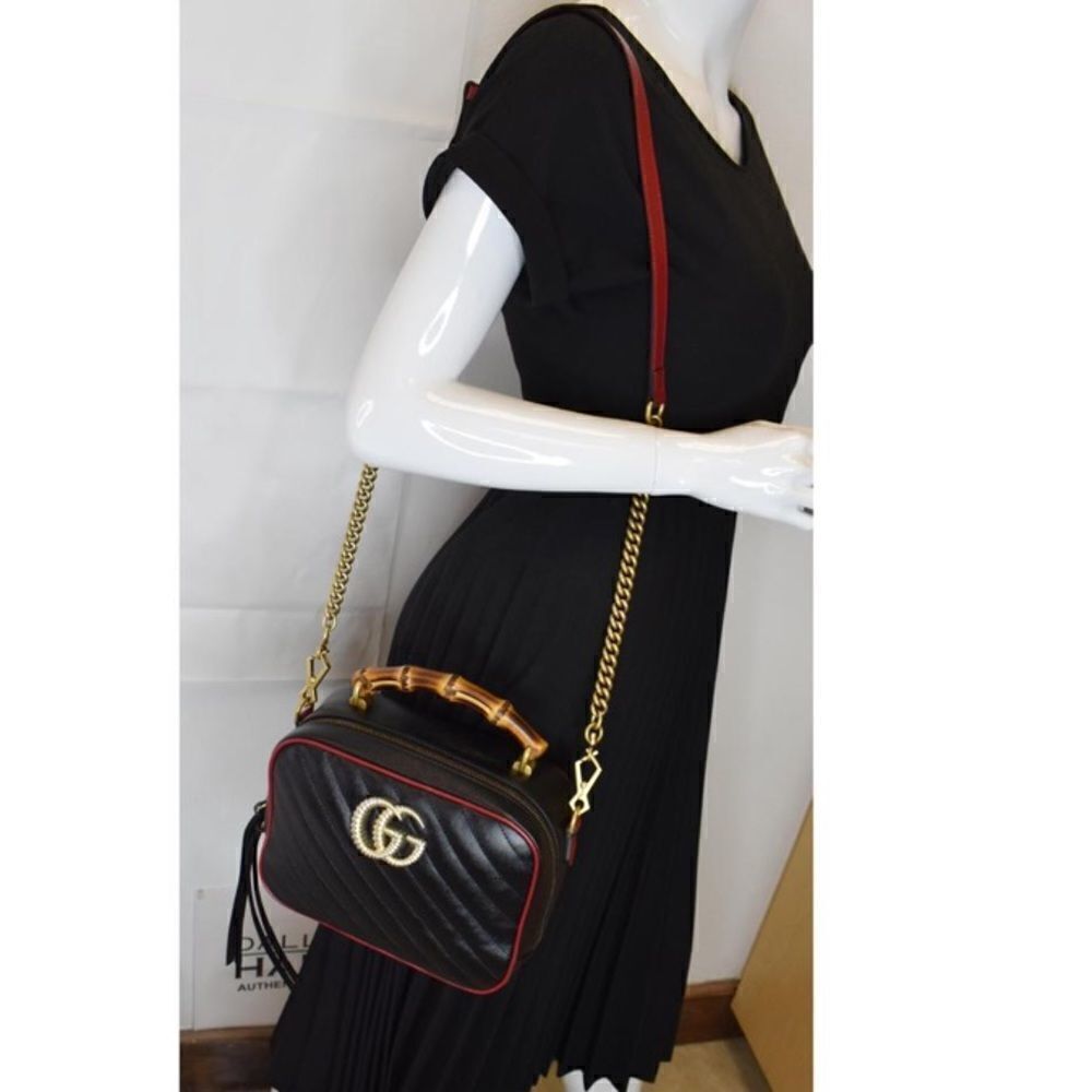 GUCCI Small GG Marmont Bamboo Top Handle Shoulder Bag Black - Picture 4 of 5